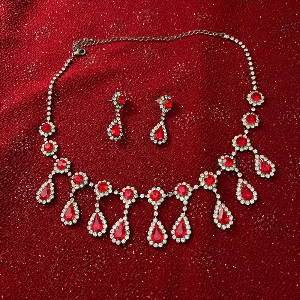 Rhinestone Necklace And Earrings Red and Clear